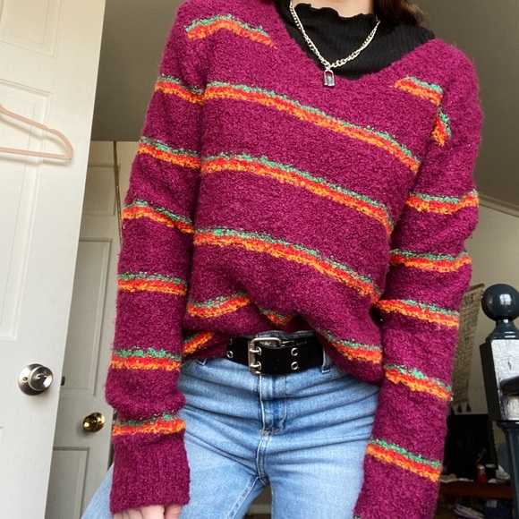 Free People Fuzzy Striped Magenta Sweater - Picture 3 of 3